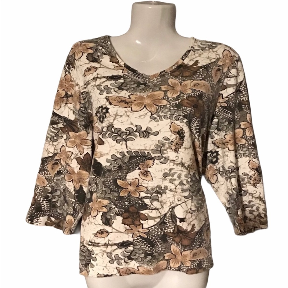 Alia 2/3 Sleeve Floral Cream Brown Olive Green & Tan V Neck Shirt